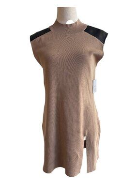 Ellen Tracy Camel Knit Tunic Top & Leggings Set L Faux Leather Shoulders(2757-1)